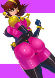 Rule 34 | 1girl, abstract background, ass, blue eyes, blush, bodysuit, breasts, brown hair, covered erect nipples, dutch angle, earrings, female focus, from behind, g gundam, gundam, hairband, highres, huge ass, huge breasts, jewelry, large breasts, light smile, looking at viewer, looking back, mobile trace suit, rain mikamura, shiny clothes, shiva (tairakuten), short hair, sideboob, skin tight, smile, solo, thighs
