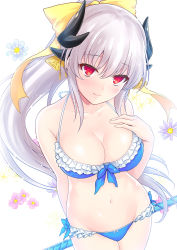 Rule 34 | 1girl, akino subaru, bad id, bad pixiv id, bikini, breasts, fate/grand order, fate (series), floral background, halterneck, hand on own chest, highres, horns, kiyohime (fate), kiyohime (fate/grand order), kiyohime (swimsuit lancer) (fate), kiyohime (swimsuit lancer) (third ascension) (fate), large breasts, navel, polearm, ponytail, red eyes, smile, solo, spear, swimsuit, weapon, white hair
