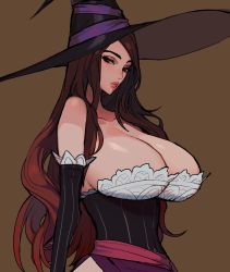 Rule 34 | 1girl, absurdres, bare shoulders, breasts, brown background, brown eyes, brown hair, cleavage, detached sleeves, dragon&#039;s crown, ennuigrl, hat, highres, large breasts, lips, long hair, looking at viewer, side slit, simple background, solo, sorceress (dragon&#039;s crown), witch hat