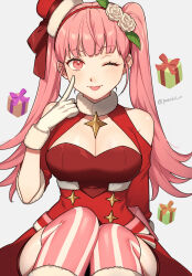 Rule 34 | 1girl, ;), ;p, bare shoulders, blunt bangs, box, breasts, christmas, cleavage, clothing cutout, commentary request, fire emblem, fire emblem: three houses, fire emblem heroes, gift, gift box, gloves, grey background, hairband, highres, hilda valentine goneril, large breasts, long hair, looking at viewer, nintendo, official alternate costume, one eye closed, peach11 01, pink eyes, pink hair, pink thighhighs, red hairband, shoulder cutout, simple background, sitting, smile, solo, striped clothes, striped thighhighs, thighhighs, tongue, tongue out, twintails, vertical-striped clothes, vertical-striped thighhighs, very long hair, white gloves