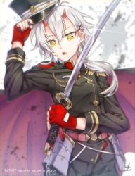 Rule 34 | 1girl, aiguillette, antenna hair, armor, azur lane, black cape, black shorts, breasts, cape, chain, commentary request, cowboy shot, dated, earrings, epaulettes, fingerless gloves, glint, gloves, hair between eyes, hair ornament, hair over shoulder, hairclip, hand up, hat, unworn hat, unworn headwear, highres, holding, holding clothes, holding hat, holding sword, holding weapon, horns, japanese armor, jewelry, katana, kinu (azur lane), kinu (retrofit) (azur lane), long sleeves, looking at viewer, low ponytail, medium breasts, medium hair, military, military hat, military uniform, multicolored cape, multicolored clothes, nail polish, oni horns, open mouth, red cape, red gloves, red nails, retrofit (azur lane), satsuki meguru, shorts, shoulder armor, signature, silver hair, single sidelock, sode, solo, standing, sword, uniform, weapon, white background, yellow eyes