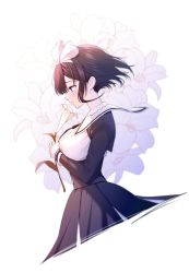 Rule 34 | 1girl, absurdres, black dress, black hair, blue eyes, blush, bow, breasts, closed mouth, corset, cowboy shot, dress, floating hair, flower, from side, furrowed brow, hairband, highres, holding, holding flower, iriam, large breasts, light smile, lily (flower), long sleeves, nakamine lily, neck ribbon, puffy long sleeves, puffy sleeves, re:shimashima, ribbon, short dress, short hair, sidelocks, simple background, smile, solo, upper body, virtual youtuber, white background