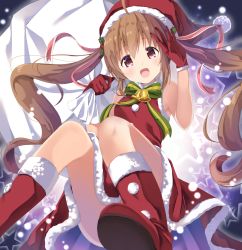 Rule 34 | 1girl, abcd2345, absurdres, boots, brown hair, gift bag, gloves, hat, highres, kukiha, long hair, looking at viewer, open mouth, original, red eyes, red footwear, red gloves, red hat, santa boots, santa costume, santa gloves, santa hat, snow, solo, star (symbol), twintails