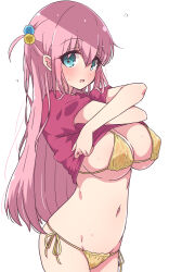 Rule 34 | 1girl, aqua eyes, bikini, bocchi the rock!, breasts, commentary, cube hair ornament, gotoh hitori, hair between eyes, hair ornament, highres, large breasts, looking at viewer, mel (melty pot), navel, pink hair, red shirt, shirt, short sleeves, side-tie bikini bottom, sideboob, simple background, solo, stomach, sweat, swimsuit, t-shirt, underboob, undressing, white background, yellow bikini