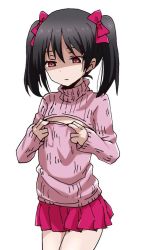 Rule 34 | 10s, 1girl, black hair, bow, breast conscious, cleavage cutout, clothing cutout, flat chest, hair bow, love live!, love live! school idol project, meme attire, open-chest sweater, red eyes, ribbed sweater, ryo (0626kk), shaded face, skirt, solo, sweater, turtleneck, twintails, yazawa nico