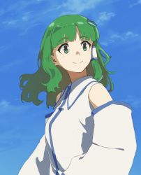 Rule 34 | 1girl, bad id, bad twitter id, bare shoulders, blue sky, blunt bangs, blush, breasts, closed mouth, cloud, collared shirt, commentary, day, detached sleeves, floating hair, frog hair ornament, green eyes, green hair, hair ornament, hair tubes, highres, kochiya sanae, long hair, long sleeves, looking away, looking to the side, medium hair, shiratama (hockey), shirt, sidelocks, sky, sleeveless, sleeveless shirt, small breasts, smile, snake hair ornament, solo, symbol-only commentary, tareme, touhou, upper body, white shirt, wing collar