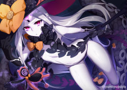 Rule 34 | 1girl, abigail williams (fate), abigail williams (third ascension) (fate), black bow, black gloves, black hat, black panties, bow, colored skin, fate/grand order, fate (series), forehead, gloves, grey skin, hat, key, keyhole, long hair, looking at viewer, navel, orange bow, panties, parted bangs, pointy ears, polka dot, polka dot bow, puuzaki puuna, red eyes, silver hair, solo, suction cups, tentacles, twitter username, underwear, very long hair, witch hat