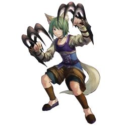 Rule 34 | 1boy, animal ears, blue eyes, claw (weapon), full body, green hair, jewelry, male focus, marcelle (star ocean), necklace, official art, sandals, solo, star ocean, star ocean anamnesis, tail, teeth, transparent background, weapon