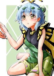 Rule 34 | 1girl, antennae, aqua hair, bad anatomy, bad arm, barefoot, blush, brown eyes, butterfly wings, dress, eternity larva, fairy, green dress, hair between eyes, highres, insect wings, leaf, leaf on head, multicolored clothes, multicolored dress, oshiaki, parted lips, short hair, short sleeves, solo focus, touhou, wings