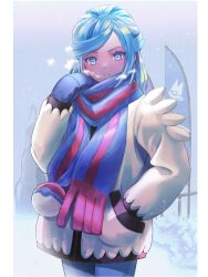 Rule 34 | 1boy, blue eyes, blue hair, blue mittens, blue scarf, breath, commentary request, cowboy shot, creatures (company), eyelashes, game freak, grusha (pokemon), hand in pocket, hand up, highres, jacket, long hair, long sleeves, looking at viewer, male focus, mitama (mokochiko), mittens, nintendo, pants, parted lips, pillarboxed, pokemon, pokemon sv, scarf, solo, striped clothes, striped scarf, yellow jacket