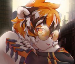 Rule 34 | 1girl, :p, animal ears, arknights, bad id, bad pixiv id, black nails, city, claws, closed mouth, commentary, commission, english commentary, furry, furry female, glasses, hair between eyes, looking at viewer, nail polish, orange-tinted eyewear, orange-tinted glasses, orange eyes, orange hair, outdoors, pince-nez, rei (riyanrei3), round eyewear, sky, solo, sunglasses, tiger ears, tiger girl, tiger stripes, tinted eyewear, tongue, tongue out, waai fu (arknights), yellow sky