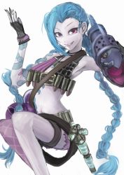 Rule 34 | 1girl, blue hair, braid, gloves, hairline, jinx (league of legends), league of legends, long hair, menyuu, pink eyes, smile, solo, tattoo, thighhighs, twintails, weapon