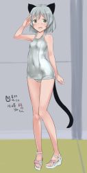 Rule 34 | 1girl, :d, animal ears, aohashi ame, blush, cat ears, cat tail, green eyes, image sample, one-piece swimsuit, open mouth, resolution mismatch, sandals, sanya v. litvyak, school swimsuit, short hair, silver hair, smile, solo, source larger, strike witches, swimsuit, tail, white one-piece swimsuit, white school swimsuit, world witches series