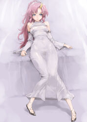 Rule 34 | 1girl, anklet, black footwear, commentary request, detached sleeves, dress, female focus, female pubic hair, full body, gundam, gundam seed, hair ornament, hairclip, high heels, high ponytail, ishikei, jewelry, lacus clyne, lips, long hair, looking at viewer, multicolored hair, nipples, on bed, pink hair, pubic hair, reclining, see-through, see-through dress, sitting, sleeveless, sleeveless dress, smile, solo, stiletto heels, white dress