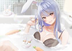 Rule 34 | 1girl, absurdres, aged up, animal ear fluff, animal ears, bathing, bathtub, black bra, blue hair, blue nails, bra, breasts, carrot, commentary request, fingernails, grin, hair between eyes, head tilt, highres, hololive, indoors, lace, lace bra, large breasts, long hair, looking at viewer, mature female, nail polish, orange eyes, partially submerged, pekomon (usada pekora), playing with own hair, rabbit ears, rabbit girl, short eyebrows, smile, soap bottle, soap bubbles, solo, t oaru, thick eyebrows, tile wall, tiles, underwear, usada pekora, virtual youtuber, water, wet