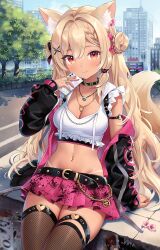 Rule 34 | 1girl, ahoge, animal ear fluff, animal ears, arm strap, belt, black choker, black jacket, blonde hair, blush, breasts, brown eyes, brown thighhighs, buckle, building, cellphone, choker, cleavage, closed mouth, collar, commentary, commission, cowboy shot, crop top, dark-skinned female, dark skin, day, double bun, fishnet thighhighs, fishnets, flower, fox ears, fox girl, fox tail, frilled shirt, frills, gyaru, hair bun, hair flower, hair intakes, hair ornament, hand up, highres, holding, holding phone, jacket, jewelry, light smile, long hair, looking ahead, looking at viewer, medium breasts, microskirt, midriff, miniskirt, multiple rings, nail polish, nami (nyaa), navel, navel piercing, necklace, o-ring, open clothes, open jacket, original, outdoors, pendant, phone, piercing, pink nails, pink skirt, pleated skirt, ring, shirt, skirt, sleeveless, sleeveless shirt, smartphone, solo, stomach, straight-on, symbol-only commentary, tail, tan, tanline, thigh strap, thighhighs, thighs, tree, two-sided fabric, two-sided jacket, very long hair, white shirt, zettai ryouiki