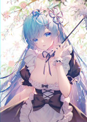 Rule 34 | 1girl, ahoge, alice (mcaredor), alternate costume, black ribbon, blue eyes, blue hair, breasts, chinese commentary, choker, cleavage, collarbone, commentary request, duster, feather duster, flower, hair ornament, hair ribbon, hand up, head tilt, highres, large breasts, long hair, looking at viewer, petals, puffy short sleeves, puffy sleeves, re:zero kara hajimeru isekai seikatsu, rem (re:zero), ribbon, short sleeves, solo, wrist cuffs, x hair ornament