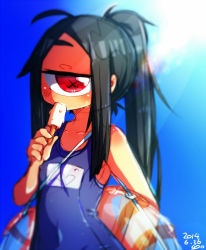 Rule 34 | 1girl, black hair, blue one-piece swimsuit, blurry, blurry background, blush, covered erect nipples, cyclops, dated, depth of field, food, holding, holding swim ring, innertube, jitome, light, light rays, long hair, looking at viewer, muku-chan (muroku), muroku (aimichiyo0526), name tag, one-eyed, one-piece swimsuit, original, ponytail, popsicle, red eyes, school swimsuit, signature, solo, sweat, swim ring, swimsuit, x x