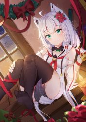 Rule 34 | 1136002526, ahoge, animal ear fluff, animal ears, artist name, azur lane, bad id, bad pixiv id, bare shoulders, bell, black thighhighs, box, braid, breasts, candle, chinese commentary, christmas, christmas wreath, closed mouth, collarbone, commentary request, crossover, detached sleeves, flower, fox ears, fox tail, gift, gift box, green eyes, hair flower, hair ornament, highres, holding, holding bell, hololive, jingle bell, leg ribbon, looking at viewer, medium breasts, red ribbon, ribbon, sailor collar, shirakami fubuki, sidelocks, silver hair, smile, solo, tail, thighhighs, virtual youtuber, white sailor collar, wide sleeves, window, wreath, wrist ribbon