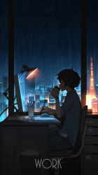 Rule 34 | 1boy, black hair, cellphone, chair, city, city lights, collared shirt, computer, crumpled paper, cup, desk, desk lamp, disposable cup, drawing, drawing tablet, drink, drinking, earbuds, earphones, eiffel tower, english text, file cabinet, from side, highres, holding, holding drink, holding pen, indoors, lamp, male focus, night, night sky, original, paris, pasoputi, pen, phone, pinky out, pocket, profile, rain, screen light, shirt, short hair, sitting, sky, smartphone, solo, trash can, watch, working, wristwatch