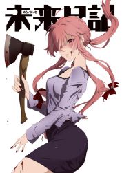 Rule 34 | 1girl, absurdres, asuka (meruhen67), axe, black skirt, blood, blood on face, blood on hands, blouse, blush, breasts, cleavage, copyright name, cowboy shot, dress shirt, floating hair, gasai yuno, grey shirt, hair over one eye, hair ribbon, highres, holding, holding axe, long hair, looking at viewer, medium breasts, miniskirt, mirai nikki, nail polish, parted lips, pencil skirt, pink eyes, pink hair, ponytail, red nails, red ribbon, ribbon, shirt, sidelocks, simple background, skirt, solo, translation request, twintails, white background