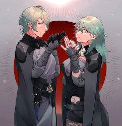 Rule 34 | 1boy, 1girl, amefeshi, arm guards, armor, belt, black armor, black cape, black gloves, black pants, black shirt, black shorts, breasts, brown pantyhose, byleth (female) (fire emblem), byleth (fire emblem), byleth (male) (fire emblem), cape, cleavage cutout, clothing cutout, dagger, detached collar, elbow pads, emblem, fire emblem, fire emblem: three houses, from side, gauntlets, gloves, green eyes, green hair, grey background, hair between eyes, highres, knife, long sleeves, looking at viewer, looking to the side, medium breasts, medium hair, navel, navel cutout, nintendo, pants, pantyhose, patterned clothing, sheath, sheathed, shirt, short hair, short shorts, shorts, shoulder armor, sidelocks, simple background, standing, weapon