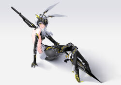 Rule 34 | animal ears, arm support, ass, bare back, bare shoulders, black gloves, black thighhighs, blush, cyborg, elbow gloves, fake animal ears, fake tail, full body, gloves, gradient background, grey hair, high heels, highres, holding, holding polearm, holding weapon, leotard, long hair, looking at viewer, marble (marblesized), mechanical parts, nontraditional playboy bunny, original, parted lips, playboy bunny, polearm, rabbit ears, rabbit tail, science fiction, shadow, shoe soles, sitting, solo, spear, tail, thighhighs, weapon, yellow eyes, yokozuwari
