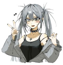 Rule 34 | 1girl, 6kal a, black collar, black shirt, breasts, collar, fang, grey eyes, grey hair, grey jacket, jacket, jewelry, medium breasts, necklace, open mouth, original, ring, shirt, single blush sticker, skin fang, smile, solo, spiked collar, spikes, twintails, upper body, v