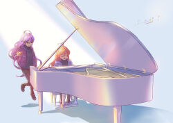 2girls ahoge badeline celeste_(video_game) coat dark_persona dual_persona fuwamoko_momen_toufu highres instrument jacket long_hair long_sleeves madeline_(celeste) multiple_girls music orange_hair pants piano playing_instrument playing_piano purple_hair red_hair winter_clothes winter_coat