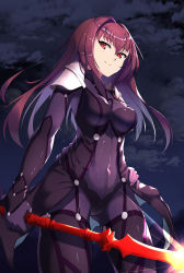 Rule 34 | 1girl, armor, bad id, bad pixiv id, bodysuit, breasts, covered navel, fate/grand order, fate (series), gae bolg (fate), highres, large breasts, long hair, looking at viewer, mitsukichi, pauldrons, polearm, purple bodysuit, purple hair, red eyes, scathach (fate), scathach (fate), shoulder armor, smile, solo, spear, weapon