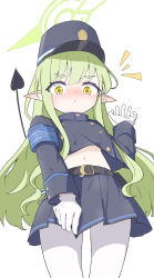 Rule 34 | 1girl, :&lt;, absurdres, akasaka ill, armband, belt, black belt, black hat, black skirt, blue archive, blue armband, blush, closed mouth, demon tail, gloves, green hair, green halo, halo, hat, hikari (blue archive), highres, long hair, long sleeves, looking at viewer, midriff, navel, pantyhose, pointy ears, simple background, skirt, solo, standing, tail, white background, white gloves, white pantyhose, yellow eyes