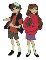 Rule 34 | 1boy, 1girl, baseball cap, black footwear, blue headwear, blue jacket, blue vest, book, braces, brother and sister, brown hair, brown shorts, clothes grab, dipper pines, gravity falls, hairband, hand in own hair, hat, highres, holding, holding book, jacket, jacket grab, kumao (uexxww), long hair, mabel pines, nervous, pink hairband, pink sweater, playing with own hair, pulling own hair, purple skirt, red shirt, shirt, short hair, short sleeves, shorts, siblings, skirt, sleeveless, sleeveless jacket, socks, star (symbol), star print, sweater, t-shirt, tree print, turtleneck, turtleneck sweater, twins, vest, worried