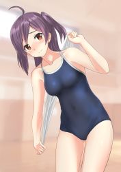 Rule 34 | 1girl, absurdres, ahoge, blue one-piece swimsuit, blurry, competition school swimsuit, cowboy shot, day, depth of field, embarrassed, from side, hagikaze (kancolle), highres, indoors, kantai collection, leaning to the side, long hair, looking at viewer, one-piece swimsuit, one side up, parted bangs, purple hair, school swimsuit, solo, standing, swimsuit, takafumi, towel, white towel, yellow eyes