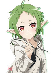 Rule 34 | 1girl, absurdres, ahoge, anju (artist), artist name, closed mouth, elf, green hair, hand up, highres, hood, hooded jacket, jacket, looking at viewer, mushoku tensei, pointy ears, red eyes, shirt, short hair, simple background, smile, solo, sylphiette (mushoku tensei), v, white background, white jacket, white shirt