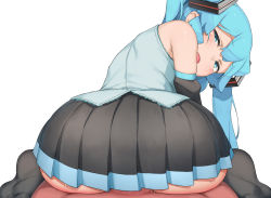 Rule 34 | 1boy, 1girl, abmayo, anal, bare shoulders, black skirt, black thighhighs, blush, detached sleeves, girl on top, green eyes, green hair, green skirt, grey background, grey shirt, hair ornament, hatsune miku, highres, long hair, looking at viewer, looking back, no panties, no shoes, open mouth, penis, pleated skirt, pov, reverse cowgirl position, sex, sex from behind, shirt, simple background, skindentation, skirt, straddling, sweat, thighhighs, two-tone skirt, vocaloid