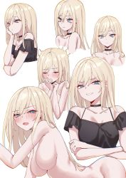 Rule 34 | 1girl, bad id, bad pixiv id, bent over, black shirt, blonde hair, blouse, blue eyes, blush, breasts, choker, closed eyes, closed mouth, collarbone, grin, hair between eyes, highres, large breasts, long hair, multiple views, no nipples, nude, open mouth, piripun, shirt, simple background, slit pupils, smile, tagme, upper body, white background