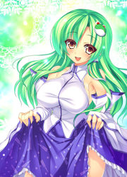 Rule 34 | 1girl, breasts, clothes lift, detached sleeves, female focus, frog hair ornament, green hair, hair ornament, hair tubes, kochiya sanae, large breasts, long hair, open mouth, revision, skirt, skirt lift, smile, snake, solo, takeda aranobu, touhou, yellow eyes