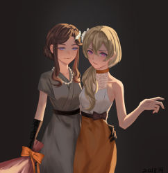 Rule 34 | 2girls, black background, black gloves, blonde hair, bouquet, brown hair, chinese commentary, closed mouth, collarbone, commentary request, cowboy shot, dated, dress, earrings, elbow gloves, flower, gloves, grey dress, guyijun, hair bun, half-closed eyes, hand on another&#039;s waist, highres, holding, holding bouquet, jewelry, long hair, multiple girls, nail polish, necklace, official alternate costume, orange dress, orange nails, parted lips, pink eyes, purple eyes, saijou claudine, short sleeves, shoujo kageki revue starlight, shoujo kageki revue starlight -re live-, sidelocks, simple background, single hair bun, smile, tendou maya, two-tone dress, white dress, wing hair ornament