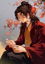 Rule 34 | 1boy, absurdres, black hair, black hakama, branch, brown hair, coat, colored tips, earrings, facial mark, feet out of frame, flower, flute, grey background, hakama, haori, happy, high ponytail, highres, holding, holding instrument, instrument, japanese clothes, jewelry, kimetsu no yaiba, light particles, long hair, long sleeves, looking away, looking down, male focus, multicolored hair, nature, ponytail, red coat, red eyes, red flower, red hair, sitting, smile, snow, solo, streaked hair, tsugikuni yoriichi, ttyttytty, wind
