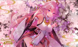 Rule 34 | 1girl, :d, bare shoulders, breasts, commentary request, detached sleeves, double fox shadow puppet, flower, fox shadow puppet, genshin impact, hair between eyes, hands up, ichiyou moka, large breasts, long hair, long sleeves, looking at viewer, open mouth, petals, pink flower, pink hair, purple eyes, shirt, smile, solo, very long hair, white shirt, white sleeves, wide sleeves, yae miko