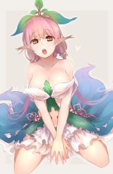 Rule 34 | 10s, 1girl, :o, between breasts, border, breasts, cleavage, ganesagi, granblue fantasy, leaf, leaf on head, monster girl, navel, open mouth, pink hair, plant girl, pointy ears, simple background, solo, yellow eyes, yggdrasill (granblue fantasy)
