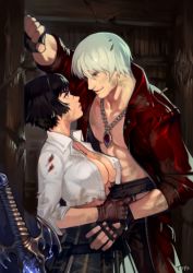 Rule 34 | 1boy, 1girl, abs, against wall, bandages, black hair, breasts, capcom, commentary, dante (devil may cry), desert eagle, devil may cry, devil may cry (series), devil may cry 3, dirty, dirty face, english commentary, eye contact, gloves, gun, hand on another&#039;s stomach, handgun, height difference, hetero, jacket, jewelry, kabedon, lady (devil may cry), large breasts, looking at another, necklace, no bra, open clothes, open jacket, open shirt, optionaltypo, parted lips, partially fingerless gloves, pectorals, revision, silver hair, skirt, smile, sweat, weapon