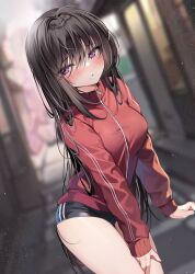 Rule 34 | 1girl, black hair, blurry, blurry background, blush, breasts, jersey, large breasts, long hair, long sleeves, looking at viewer, looking to the side, original, outdoors, pon (ponidrop), purple eyes, short shorts, shorts, solo, teeth
