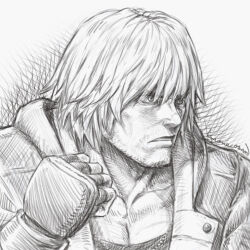 Rule 34 | 1boy, graphite (medium), ken masters, kuroneco, looking to the side, male focus, mature male, muscular, muscular male, pectoral cleavage, pectorals, short hair, solo, sparse stubble, street fighter, street fighter 6, thick eyebrows, traditional media