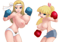 Rule 34 | 2girls, blonde hair, blue eyes, bouncing breasts, boxing, boxing gloves, breasts, cameltoe, cleft of venus, female pubic hair, headband, huge breasts, inverted nipples, multiple girls, navel, nipples, noise (lesion949), open mouth, original, ponytail, pubic hair, puffy nipples, short shorts, shorts, topless, unaligned breasts