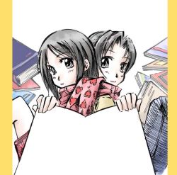 Rule 34 | 2girls, back-to-back, book, heart, jason (kaiten kussaku kikou), looking at viewer, multiple girls, original, scarf, shared clothes, shared scarf, smile