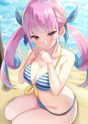 Rule 34 | 1girl, beach, bikini, blue bikini, blue hair, blue ribbon, blush, breasts, cleavage, colored inner hair, commentary, day, from above, hair ribbon, highres, hololive, igayan, long hair, looking at viewer, medium breasts, minato aqua, minato aqua (hololive summer 2019), multicolored hair, ocean, official alternate costume, outdoors, parted lips, purple eyes, purple hair, ribbon, sitting, solo, striped bikini, striped clothes, swimsuit, thighs, twintails, two-tone hair, virtual youtuber