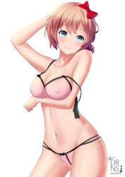 Rule 34 | 1girl, arm behind head, artist name, blue eyes, blush, bow, bow panties, bra, brown hair, closed mouth, collarbone, commentary, covered erect nipples, cupless bra, dearonnus, doki doki literature club, english text, gluteal fold, groin, hair bow, head tilt, highres, navel, open bra, panties, red bow, sayori (doki doki literature club), short hair, smile, solo, strap slip, underwear, underwear only, unfastened, white background