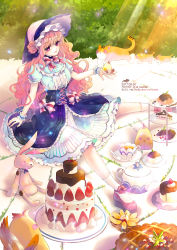 Rule 34 | 1girl, absurdres, bird, blue dress, bow, breasts, cake, cat, chocolate, commentary, dated, dress, dress bow, flower, food, frills, fruit, garden, hair ornament, hat, highres, jii dayday, long hair, medium breasts, on ground, original, outdoors, party, pie, pink bow, pink flower, puffy short sleeves, puffy sleeves, red eyes, short sleeves, sitting, solo, strawberry, stuffed animal, stuffed rabbit, stuffed toy, sugar cube, tea, watermark, web address, white dress, wrist cuffs