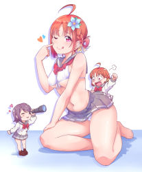 Rule 34 | 3girls, :d, ;q, puff of air, ^ ^, ahoge, arm up, barefoot, bikini, bikini skirt, blue flower, bow, bowtie, braid, breasts, brown footwear, buttons, chibi, clenched hand, closed eyes, double-breasted, dual persona, finger to cheek, flower, front-tie bikini top, front-tie top, grey skirt, hair bow, hair flower, hair ornament, hair rings, heart, highres, kanabun, loafers, long sleeves, looking at viewer, love live!, love live! sunshine!!, medium breasts, mini person, minigirl, miniskirt, multiple girls, navel, neckerchief, one eye closed, open mouth, orange hair, pink eyes, pleated skirt, purple hair, raised fist, red neckwear, sailor bikini, sailor collar, school uniform, shoes, short hair, side braid, sitting, skirt, smile, standing, stomach, swimsuit, takami chika, telescope, tongue, tongue out, underboob, uranohoshi school uniform, watanabe you, wide-eyed, yellow bow